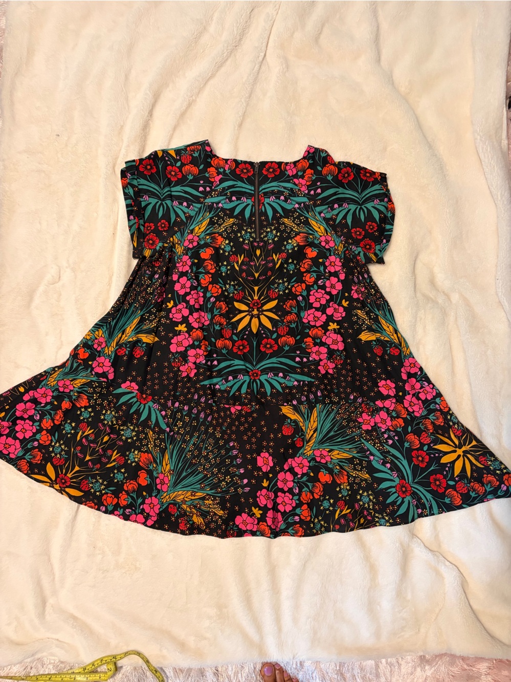 Free People Black Floral Short Sleeve Sundress with Pink & Yellow Blooms - Picture 3 of 4